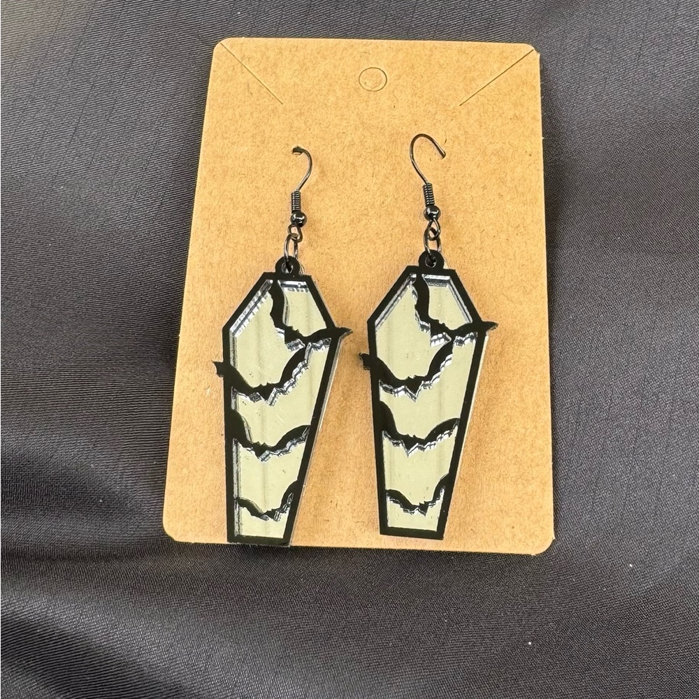 Mirrored Coffin Fashion Earrings With Bats